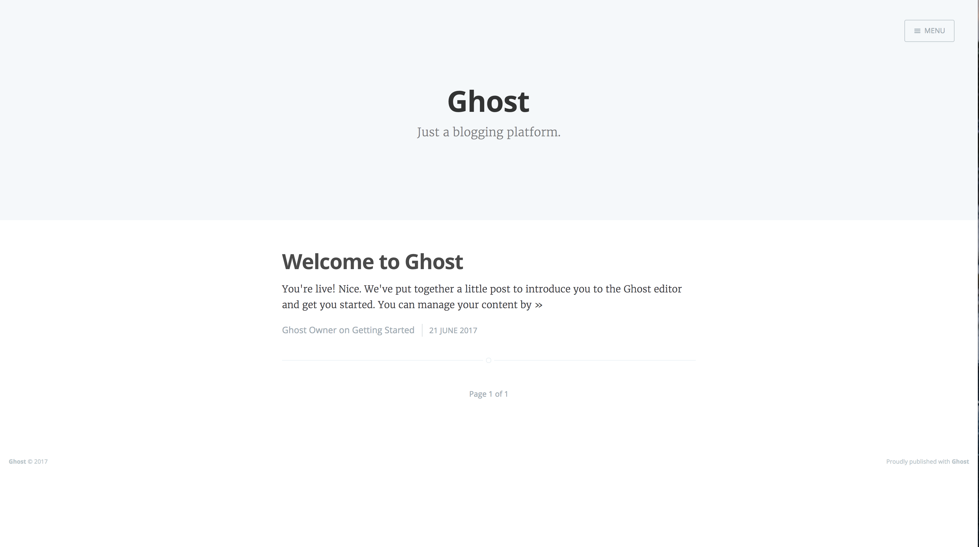 Ghost welcome screen Ghost Docker