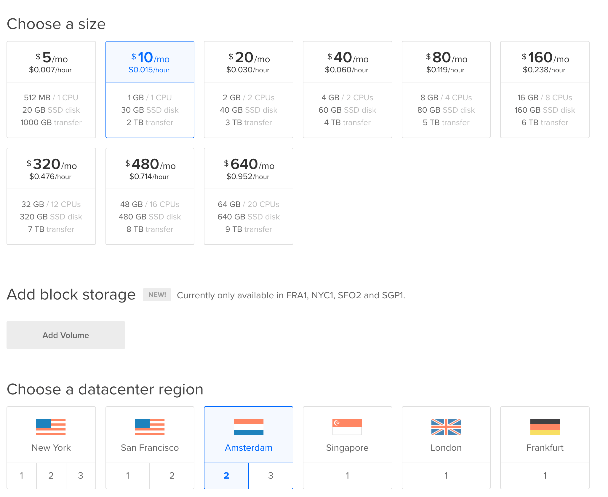 Selecting size and region DigitalOcean Docker droplet